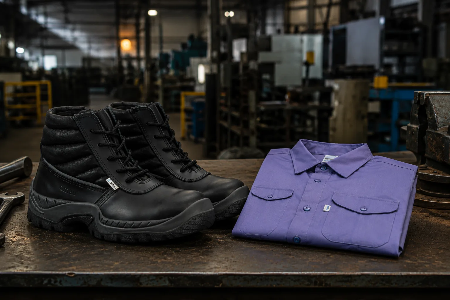 Botines de seguridad y camisa de trabajo sobre un banco de taller