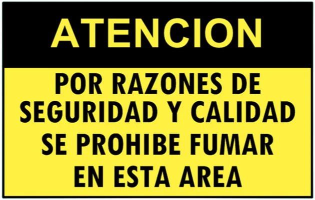 CARTEL POR RAZONES DE SEGURIDAD Y CALIDAD SE PROHIBE FUMAR EN ESTA AREA (400x300x8mm)
