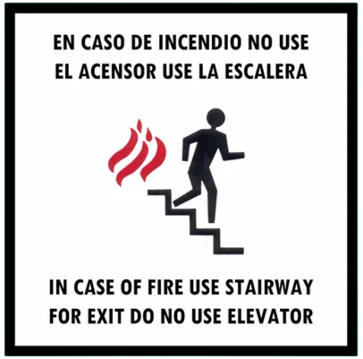 CARTEL EN CASO DE INCENDIO NO USE EL ASCENSOR USE LA ESCALERA (200x200x8mm)