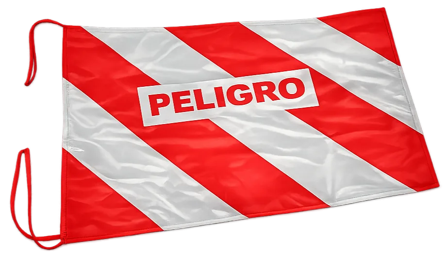 Bandera cebrada roja/blanca c/ inscripción 'PELIGRO' (50cm x 70cm)